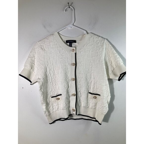 Womens Ellen Tracy Cropped Cardigan Pearl Gold Buttons Cream‎ Black M NWOT - Picture 1 of 9